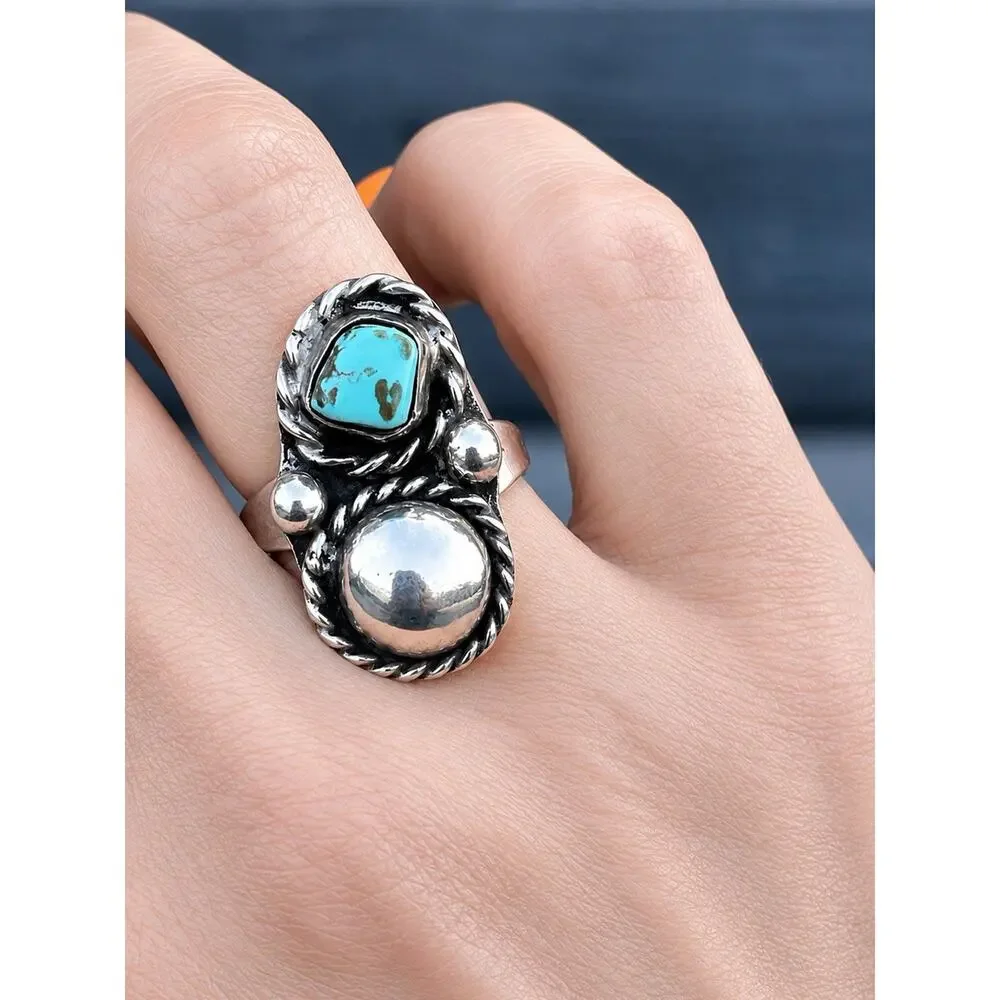 Vintage Navajo Turquoise Sterling Silver Ring Dome Concho Southwest Native 6.75 - Picture 2 of 13